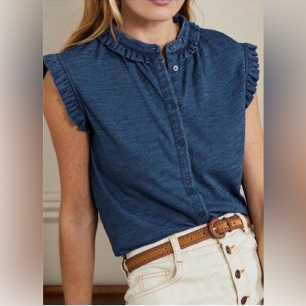 Boden Daphne Frill Button Front Tank Top 6 Blue